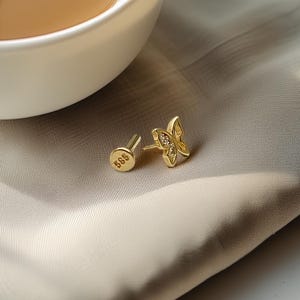 14K Gold Butterfly Stud Earring with Zircon – Flat Back Piercing for Cartilage or Tragus
