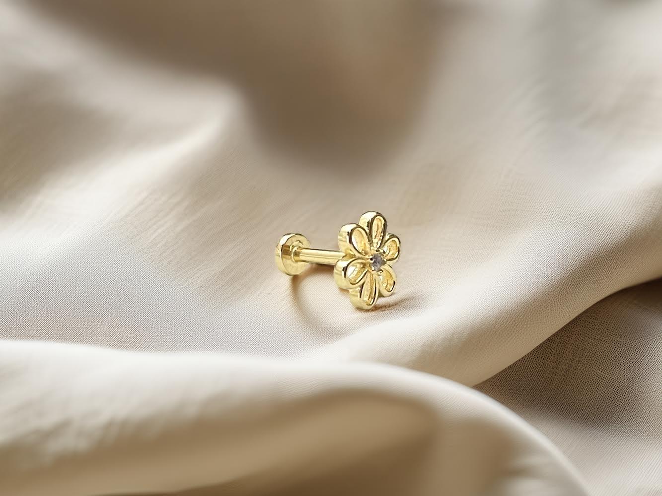14K Gold Daisy Cartilage Piercing: Cubic Zirconia Flat Back Stud - Etsy
