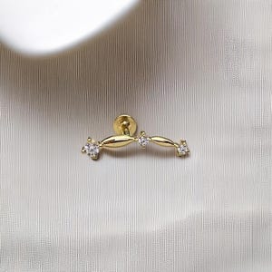 14K Solid Gold Celestial Climber Earring, Cartilage Helix Stud, Flat Back Piercing, Internally Threaded, CZ Piercing Jewelry
