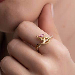 Solid Gold Leaf Ring with Zircon Stones, Handmade Leaf Jewelry, Mothers Day Gift, Statement Gold Ring for Women, Elegant Botanical Jewelry
