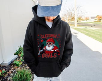 Santa Sleighin Goals Youth Hoodie, Christmas Sweatshirt, Hockey Stick Holiday Sweater, Kids Pullover, Christmas Hockey Shirt