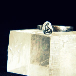 Puede incluir: Un anillo de plata con un diseño de conejo sobre un bloque de cristal transparente.