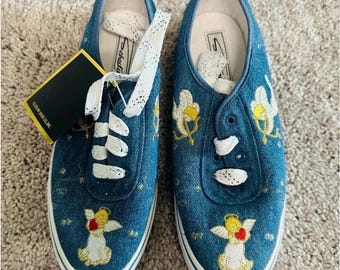 Neu mit Etikett Vintage Sebastino Gestickter Engel Flacher Jeansschuh Größe 8