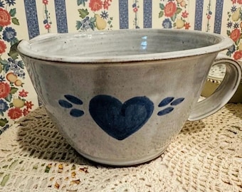 Tigela de mistura vintage NC Pottery EggGlaze Blue Heart 1987 assinada Owens