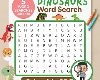 Dinosaur Word Search Puzzle: 5 Printable Activity Games (PDF)