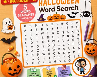 Halloween Word Search Puzzle for Kids: 5 Spooky Printable Activities (PDF)