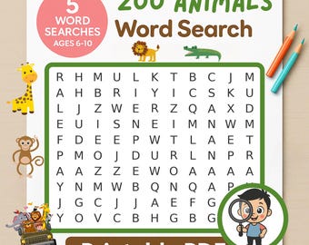 Zoo Animals Word Search Puzzle: 5 Printable Games (PDF)