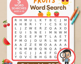 Fruits Word Search Puzzle: Educational Game for Kids Ages 6-10 (Printable PDF)