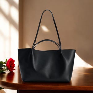 Schwarze Leder Einkaufstasche - Extra Große Schultertasche für Frauen, Handgefertigte Leder Einkaufstasche