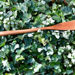 May include: A long, wooden spatula with a rounded handle and a wide, flat blade. The spatula is lying on a bed of green ivy.