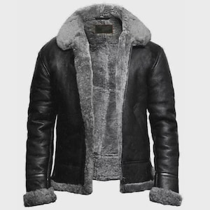 Handmade RAF B3 Sheepskin Bomber Jacket: Black & Grey Aviator Coat