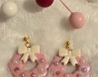 Handmade Christmas Wreath Earrings | Pink Christmas jewelry