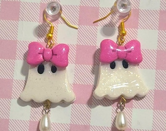 Handmade Sparkly Ghost Earrings | Pink Bow, Halloween Dangle