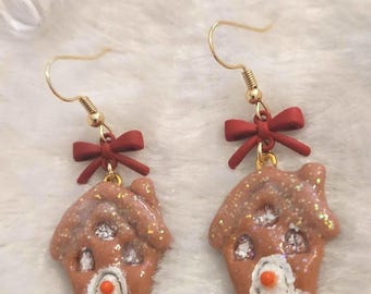 Gingerbread House Earrings | Handmade Polymer Clay Christmas Holiday Earrings