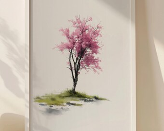 Pink Blossom Tree Watercolor Print: Minimalist Japanese Wall Art (Digital Download