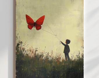 Stampa di un bambino con un aquilone a forma di farfalla: arte minimalista per la cameretta dei bambini (download digitale)