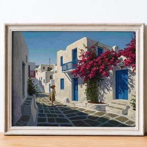 Mykonos Street Scene Painting, Greek Islands Art, White Houses Blue Doors Print, Mediterranean Vacation Artwork, Santorini Style Art Print