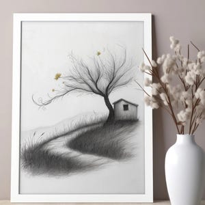 Cabaña solitaria, ilustración minimalista de naturaleza a lápiz, arte mural de naturaleza tranquila para decoración moderna, arte mural imprimible