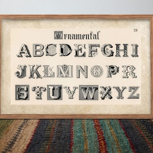 Ornamental victoriano, tipografía antigua, impresión de póster retro, arte mural imprimible, alfabeto ornamentado, póster educativo vintage