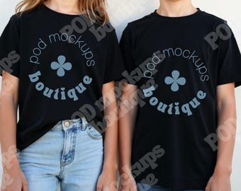 Bella Canvas 3001T Mockup Tshirt For Siblings Mockup Black Tshirt Youth Mockup Two Kids Black Tee Mock Up For POD Shirt Mock-ups