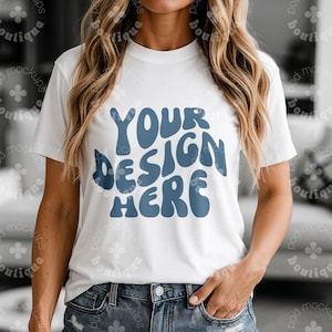 Mockup Bella Canvas 3001 White Tshirt, Woman Wearing Tshirt Mockup BC3001, Female Model Tee Mock Up For Bella Canvas, 3001 Shirt Mock-up