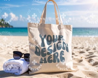 Beach Totebag Mockup, Summer Mockup For Tote Bag, Shopping Bag Mockup Display on Beach, Natural Canvas Tote Bag, Totebag Mockup Template