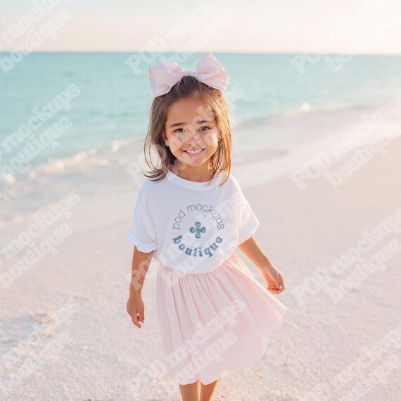 Kids Gildan 5000B Mockup, White Girl T-Shirt Mockup, Toddler Girl Summer Mockup, Kids T-Shirt Mock, Girl Tee Mockup Kids Outdoor Beach