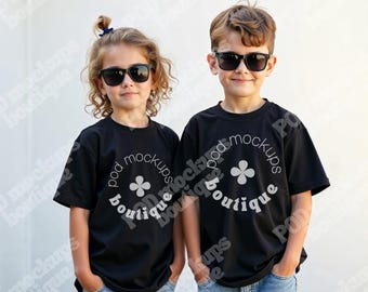 Black Gildan 5000B Sibling Mockup For Tshirts, Tshirt Youth Mockup Two Boys, Siblings Wearing Black Tee Mockup G500B, Pod T-shirt Mock Up