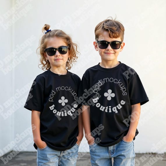 Black Gildan 5000B Sibling Mockup For Tshirts, Tshirt Youth Mockup Two Boys, Siblings Wearing Black Tee Mockup G500B, Pod T-shirt Mock Up