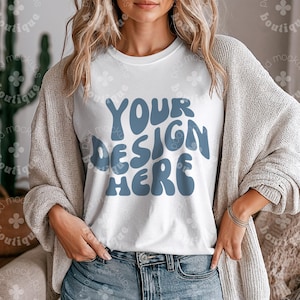 Gildan 5000 Mockup with Woman Model – White T-Shirt Flat Lay | Lifestyle Tshirt Mockup for Pod | White Tee Mockup Neutral Boho Background