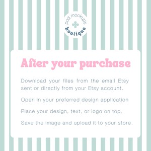 May include: A light blue and white striped background with a white rounded rectangle containing text. The text reads "After your purchase" in pink, followed by instructions on downloading and using files.