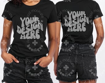 Black Gildan 5000 Mockup Front and Back, Female Model Mock Up Black Tee, Black Tshirt Mockup Gildan500, Woman Wearing Black T-shirt Mock-Up
