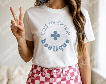 Gildan 5000 Mockup White Tee, Women T-shirt Mockup For G500, White shirt G5000 Mockup For Women, Trendy Mockup Women Model With Shirt
