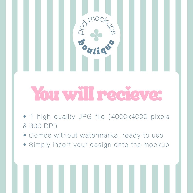May include: A digital mockup image with a light blue and white striped background. The image includes the text "You will recieve:" in pink, followed by bullet points describing the file's features. The image also features a circular logo.