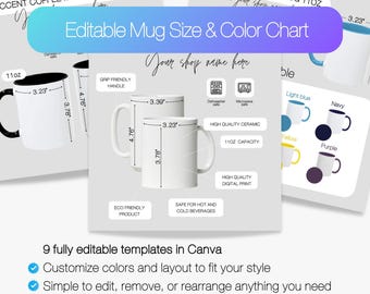 Printful mug size chart & color chart, 11 and 15oz ceramic mug size guide, Color chart for printful mugs, Comparison sizing guide
