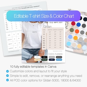 Gildan Color Chart and Size Chart, Editable Gildan Tshirt Color and Size Chart, Gildan Size Chart, T-Shirt Color Size Chart Canva Template