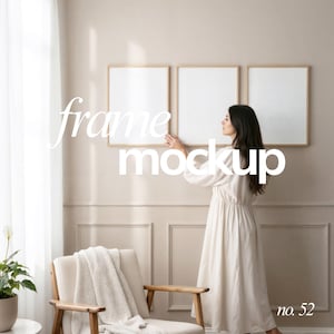 Set of 3 Frames Mockup With Person: Modern home interior mockup for wall art, Thin wood frames (PSD & JPG)