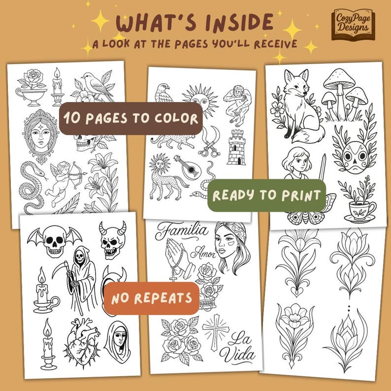 Tattoo Flash Coloring Book PDF | Printable Adult Line Art | Different ...