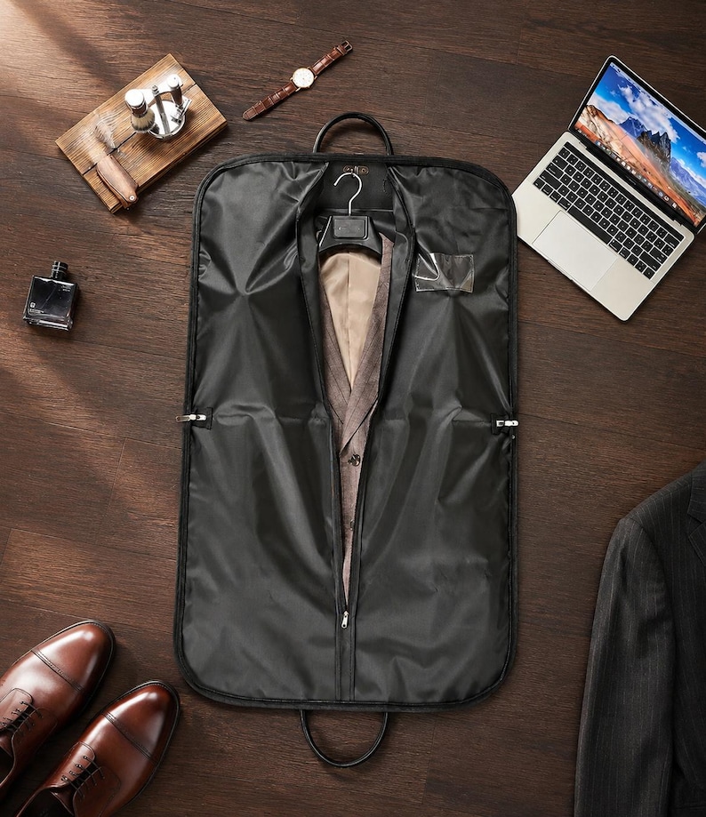 May include: A black garment bag with a central zipper opening, revealing a tan suit jacket on a hanger inside. The bag features a clear plastic window for identification and two top handles for carrying, designed to protect clothing during travel.