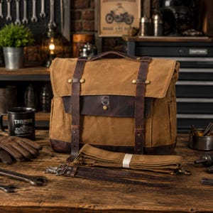 Vintage Waxed Canvas Leather Messenger Bag: Motorcycle Laptop Travel Shoulder Bag