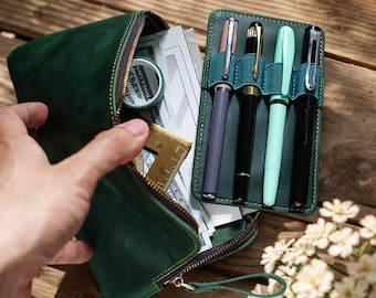 Handmade Crazy Horse Leather Pen Case, Fountain Pen Organizer, Personalized Gift