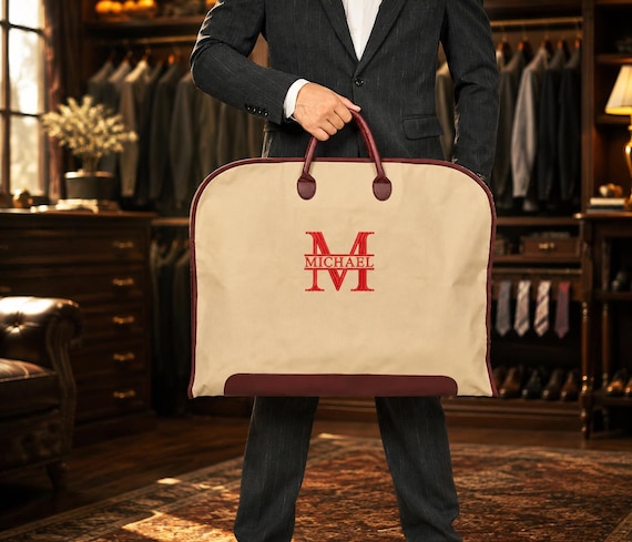 Custom Gift Custom Suit Bag,Leather Handle Garment Bag,Gift for Groomsmen,Father of Groom,Oxford Cloth Suit Bag, Embroidered Suit Bag