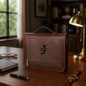 May include: A brown leather briefcase featuring a top handle, a horizontal zippered pocket, and a black engraved monogram with the letter J and the name Joshua. The rectangular bag has visible stitching along the edges and a metallic zipper closure.