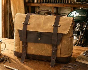 Vintage Waxed Canvas Leather Messenger Bag: Motorcycle Laptop Travel Shoulder Bag