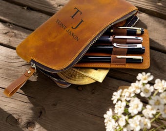 Personalized Leather Pen Case, 4-Pen Organizer, Crazy Horse Leather