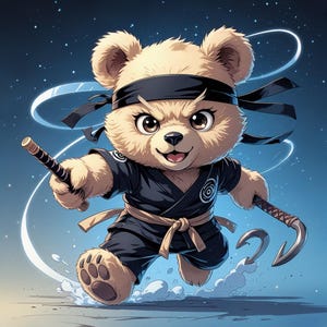 May include: A cartoon illustration of a teddy bear dressed as a ninja. The bear is wearing a black uniform, headband, and a brown belt. It is holding a sword and a hook-shaped weapon, with a determined expression on its face. The background is a gradient of blue with white streaks.