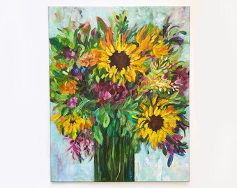 Sunflower Bouquet on Canvas; Bright Summer Acrylic Floral