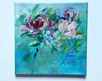 Abstract Rose Floral on Canvas; Expressive Bouquet in Acrylic