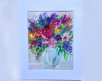 Vase of Roses Bouquet; Mixed Media Floral Painting