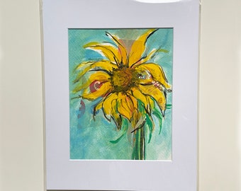 Sunflower With Collage; Yellow Flower Mixed Media Painting